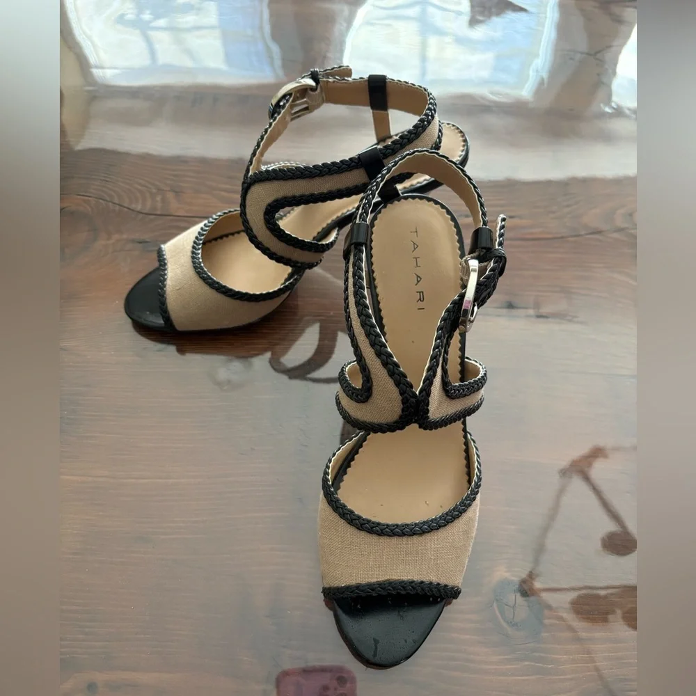 Tahari Black and tan sandals with 3 inch Heels - Picture 3 of 5